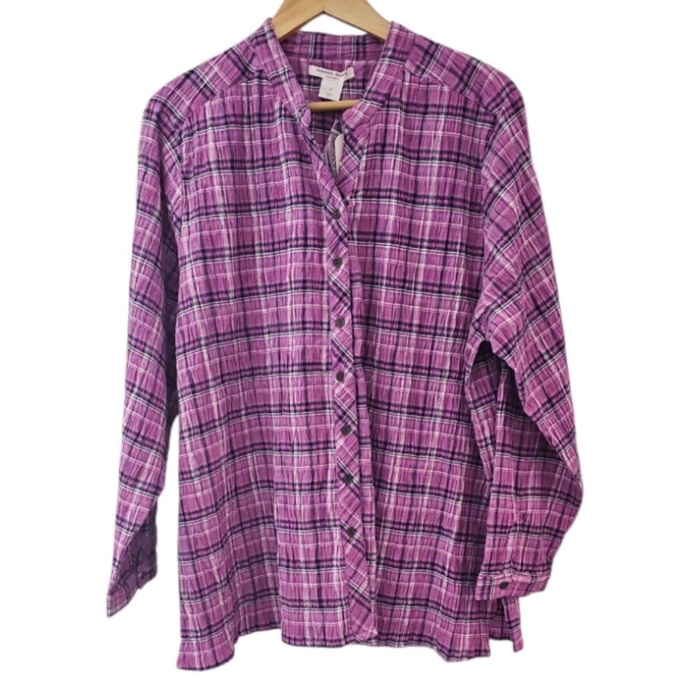 Allison Daley Plaid Button Front Top Women’s 1X Purple Cottagecore Blouse